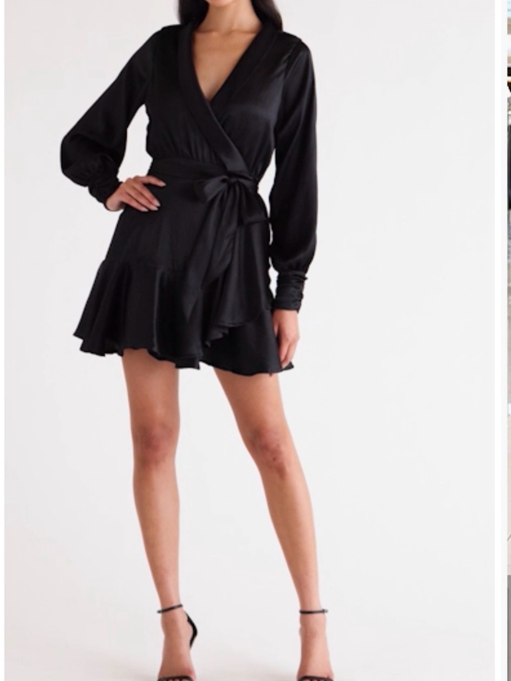 BTFL-Life Satin Black Wrap-Front Mini Dress with Self-Tie Waist Sz S NWT